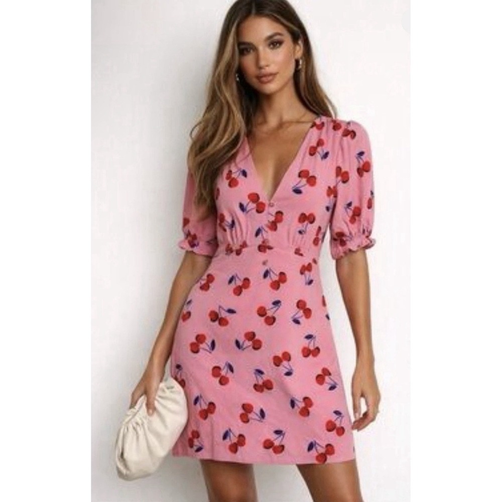 Kate Spade New York Womens Pink Cherry Print Short‎ Sleeve Dress Pockets